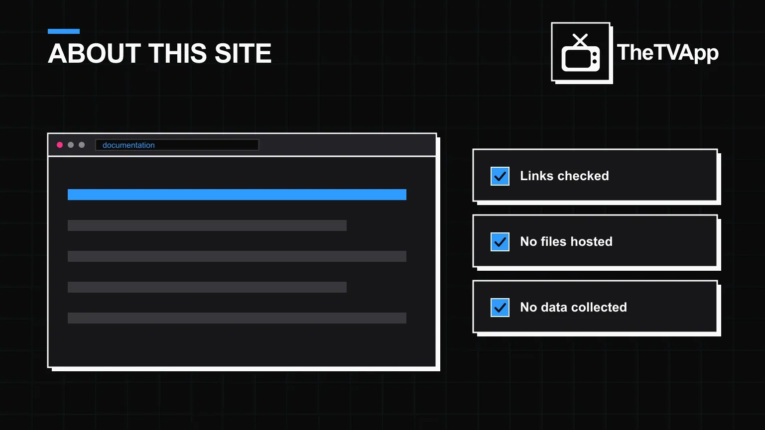 How this TheTVApp guide is maintained A documentation page beside checks for links checked, no files hosted and no data collected