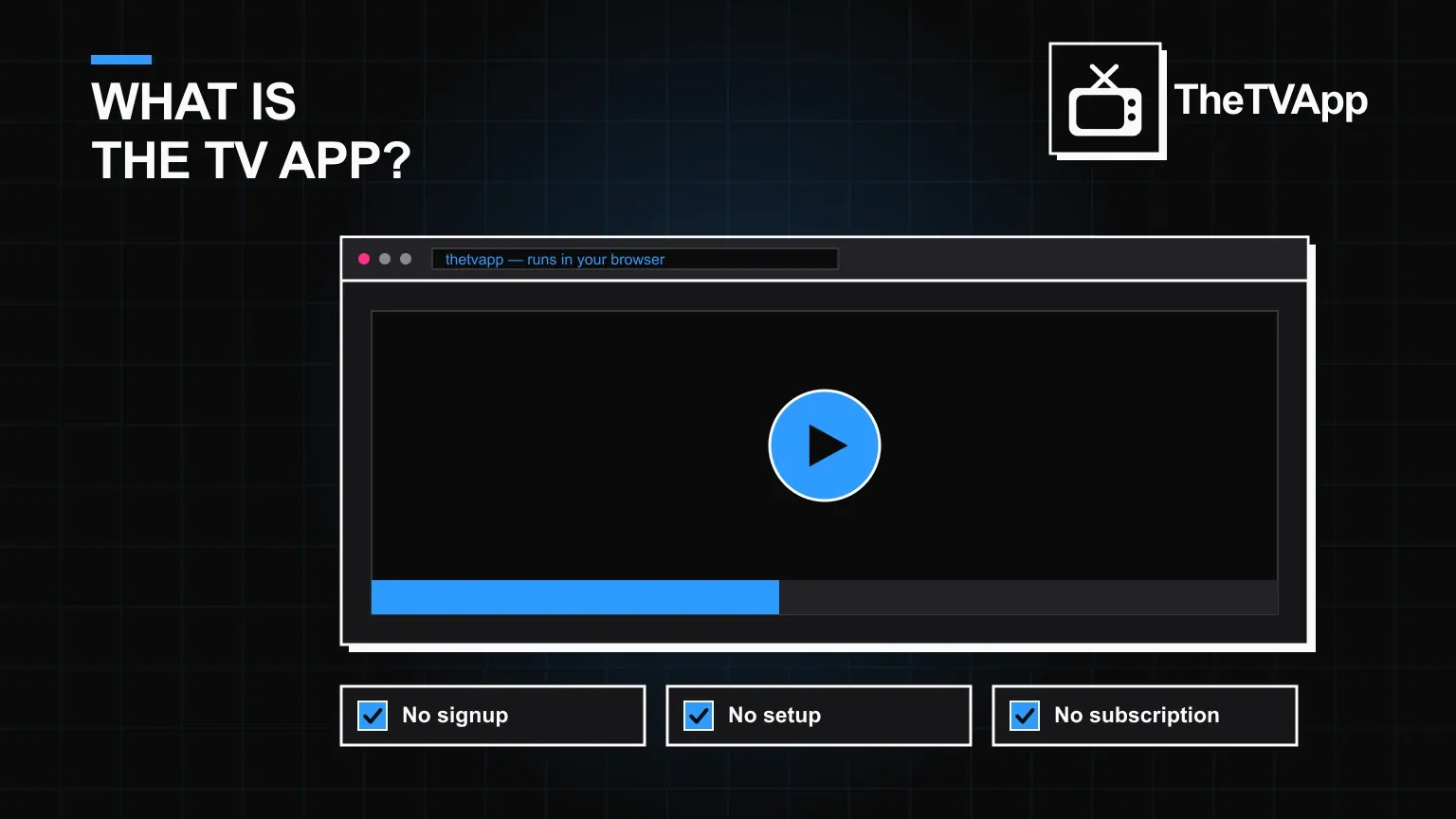 TheTVApp video player open in a browser with no signup, no setup and no subscription badges