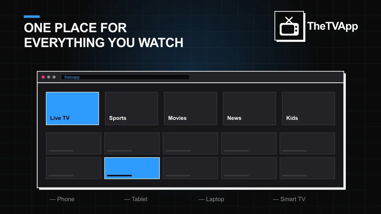 TheTVApp browser dashboard showing Live TV, Sports, Movies, News and Kids categories